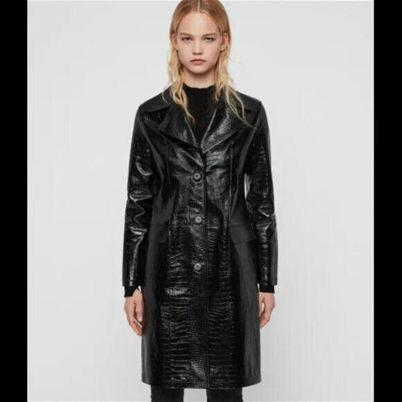 [SOLD] ALLSAINTS Wmn's Sz US 4 ALI MAC Croc Embossed Black Lambskin Leather Coat - Picture 9 of 11